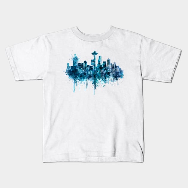 Seattle Skyline monochrome watercolor Kids T-Shirt by Marian Voicu